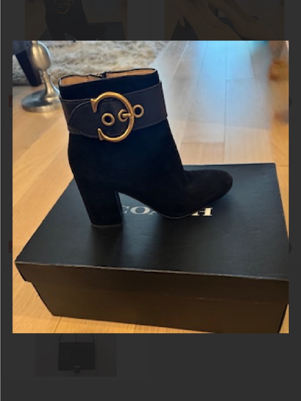 Coach Black Suede bootie with gold hardware like new